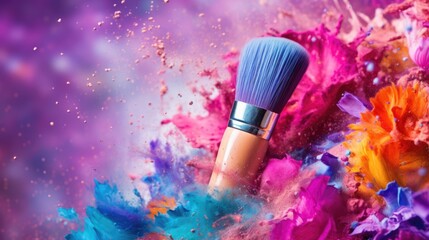 Wall Mural - Makeup brush in a colorful powder explosion. Beauty and cosmetics concept background with free place for text