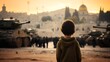 A child stands in front of a military tank during the war, with Mosque in the background, Generative AI