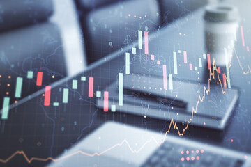 Poster - Multi exposure of abstract creative financial graph with world map on modern laptop background, forex and investment concept
