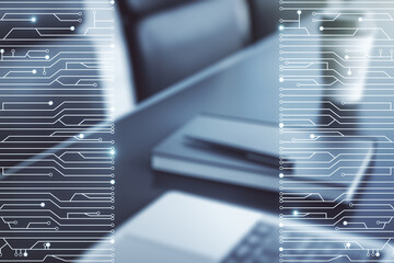 Aufkleber - Creative concept of microscheme illustration on modern laptop background. Big data and database concept. Multiexposure