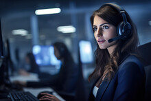 Young Businesswoman With Headset Working On Computer In Modern Office.