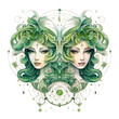 Green watercolor Gemini Zodiac on white background