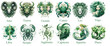Green set of watercolor Zodiac constellations on white background