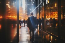 A businessperson walking out of the office building with a blurred background, symbolizing the end of the workday and the transition to the outside world. Photorealistic illustration