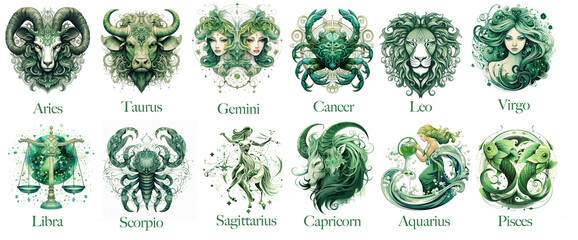 green set of watercolor zodiac constellations on white background