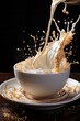 Latte being poured into a ceramic cup in slow motion, Generative AI 