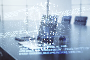 Poster - Creative concept of code skull illustration on modern laptop background. Hacking and phishing concept. Multiexposure