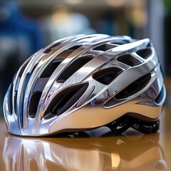 Canvas Print - A close up of a bike bicycle helmet on the table, AI