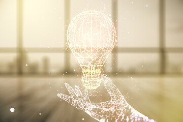 Poster - Double exposure of creative light bulb hologram on empty modern office background, research and development concept
