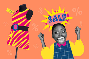 Sticker - Collage of girl raise fists up big sale promo element mannequin lined print dress absurd fists up isolated on orange percent background