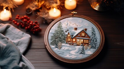 Wall Mural - Winter cozy hobbies. Embroidery in a round hoop with a winter pattern and accessories for embroidery. Making Christmas gifts. The process of hand embroidery with a long stitch on a winter theme.