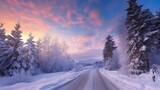 Fototapeta  - Snow-Covered Trees Embracing Colorful Sunrise with Milky Way's Glow
