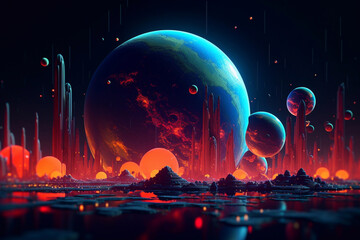 neon planets of space. fantastic space. planets of the solar system.