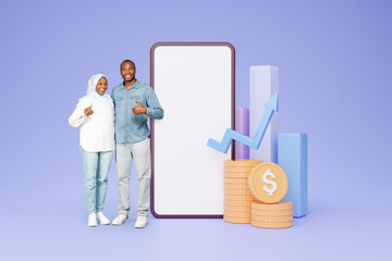 Cheerful adult black couple show thumb up sign near large phone with empty screen with abstract graph, diagram