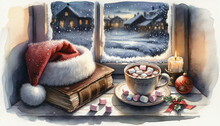 Christmas Winter Window Ledge Composition. A Cup Of Rich Hot Cocoa, Garnished With Marshmallows. Age-old Christmas Tales Book, Santa Hat, A Snowy Forest Evening. Watercolor Painting Illustration