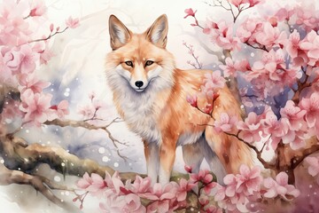 A fox in a garden with sakura