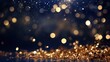 Blue background with golden sparkling particles and bokeh lights, holiday concept. background with gold foil texture.