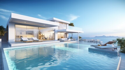 Poster - Modern house with a swimming pool, sea view- 3D rendering