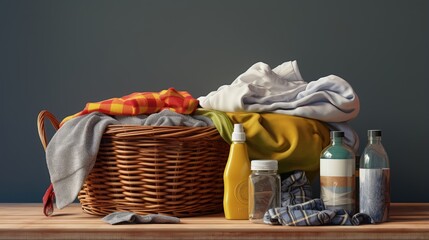 Wall Mural - Stack of clean clothes, iron, detergents and basket with towels on table