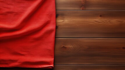 Poster - Red towel over wooden kitchen table. View from above with copy space.