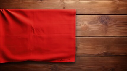 Poster - Red towel over wooden kitchen table. View from above with copy space.