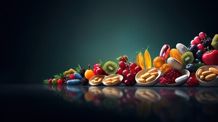 Aufkleber - Pills and capsules in wooden spoon with fresh fruits.Multivitamins and supplement from fruits concept.