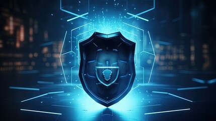 Aufkleber - Internet technology cyber security concept of protect computer virus attack with shield Keyhole icon on Blue abstract background.