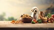 Panorama banner of healthy balanced food for your pet dog with a bowl filled with dried biscuits surrounded by fresh vegetable ingredients and bones with copyspace for advertising