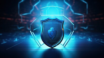 Poster - Internet technology cyber security concept of protect computer virus attack with shield Keyhole icon on Blue abstract background.