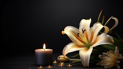 Beautiful lily and burning candle on dark background with space for text. Funeral flower