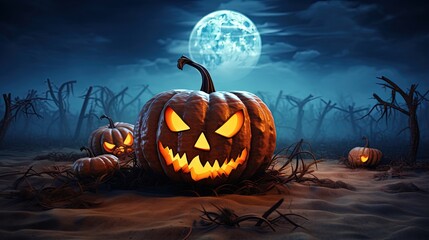 Poster - Jack O lanterns Halloween pumpkin scary face with orange light on dark land and blue moon night 3D rendering with copy space