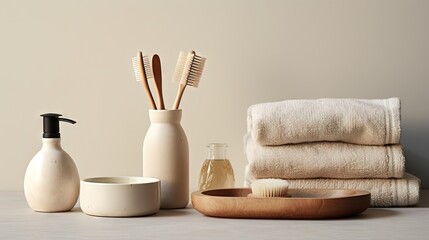 Poster - accessories for bath bowl, soap dispenser, brushes, tooth brush, towel and organic dry shampoo for personal hygiene. Zero waste, plastic free, sustainable decor for bathroom interior