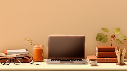 Aufkleber - Banner with laptop, eyeglasses and stationery on a beige background. E-learning concept.