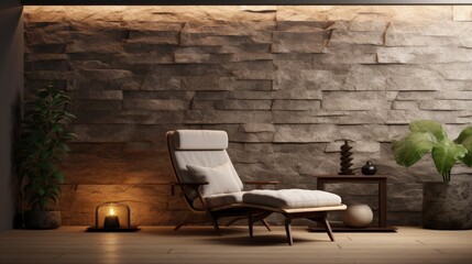 Wall Mural - Interior with dresser, lounge chair, stone wall panel, lamps, backlight, plants and decor. 3d render illustration mockup.