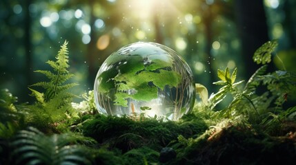 Sticker - Crystal Earth On Soil In Forest With Ferns And Sunlight - The Environment - Earth Day Concept