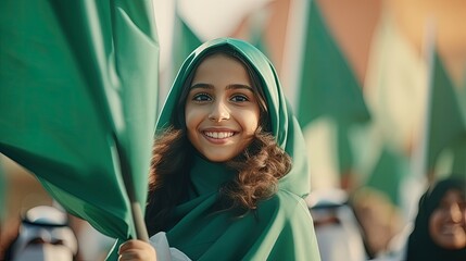 Arab women and families celebrate Saudi National Day. Arab women were holding a Saudi flag. A young Arab girl waves the Saudi flag on National Day. Saudi Arabian citizen hosts a flag for national day