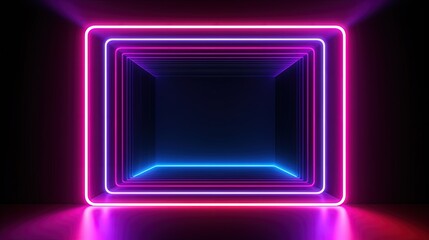 Aufkleber - 3d render, abstract background, square portal, glowing lines, tunnel, neon lights, virtual reality, arch, pink blue spectrum vibrant colors, laser show, blank space, frame isolated on black