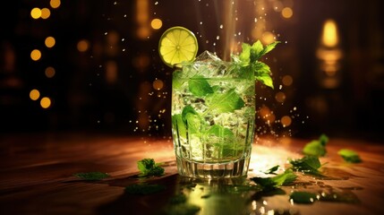Aufkleber - Hugo spritz alcoholic cocktail drink with dry sparkling wine or prosecco, elderflower syrup, soda, lime, mint and ice, dark bar counter background