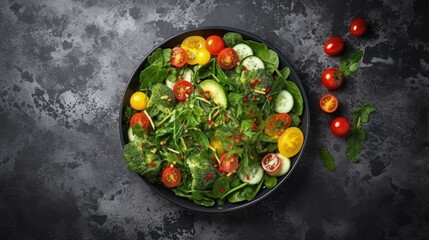 Sticker - Green vegan salad from green leaves mix and vegetables. Top view on gray stone table.