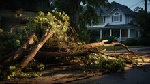 Dangerous Fallen Tree Branch In Residential Neighborhood. Causes Can Include A Storm, Hot Dry Environment, Or That The Branch Extends Further Than The Trunk Can Support And Should Have Been Trimmed