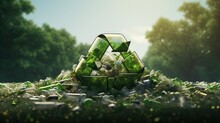 Recycle Reuse Symbol Plastic Bottle Food Plastic Packaging Glass Bottle Paper Electronic Waste Aluminum Crushed Can Recycling Process Zero Waste Reduce Ecology Environment Concept. 3d Rendering.