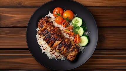 Aufkleber - Grilled chicken has rice and zucchini carrot tomato in plate on wood background, top view, healthy food concept.
