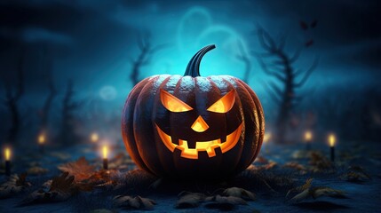 Poster - Jack O lanterns Halloween pumpkin scary face with orange light on dark land and blue moon night 3D rendering with copy space