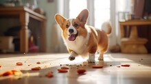 Red Sly Corgi Dog Picks Up Dry Food Scattered On The Floor Close-up Side View. Puppy Upbringing, Eating Behavior Command Drop It. Naughty Hungry Voracious Pet Eats Scattered Food. Balanced Nutrition