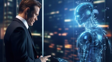 Poster - artificial intelligence Businessman using AI smart robot technology inputting commands to analyze data and build something. future technology changes. Chatbot chat AI concept