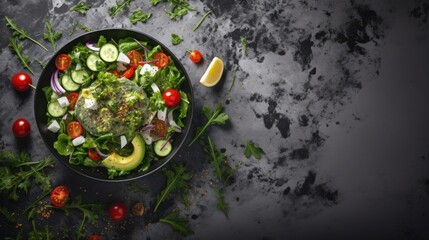 Poster - Green vegan salad from green leaves mix and vegetables. Top view on gray stone table.