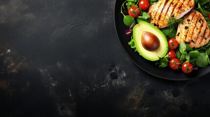Aufkleber - Grilled chicken breast and avocado salad with cherry tomatoes, spinach, in a black plate on a stone background with copy space for your text