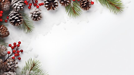 Aufkleber - Christmas decoration. Frame of twigs christmas tree, brown natural pine cones and red berries on snow with space for text. Top view, flat lay
