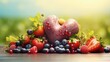 Food in heart and dumbbells fitness abstract healthy lifestyle concept