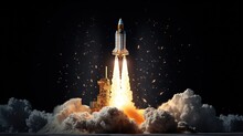 Launching Rocket Model Taking Off Against Black Background. Concept Of Project Launching In Business. 3d Rendering, Mock Up